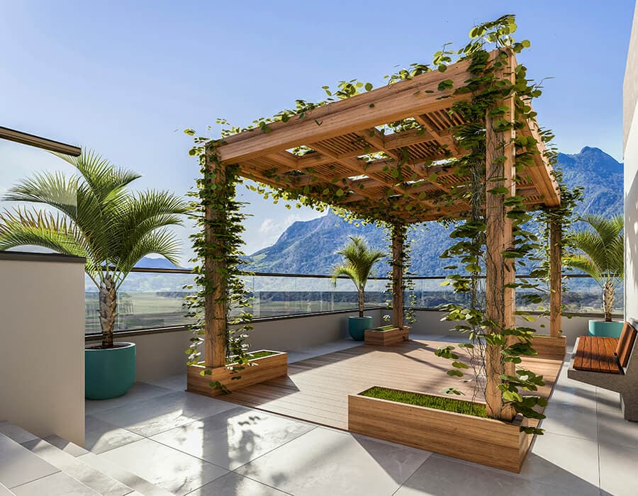 Deck e pérgola da área de lazer do Next Residence