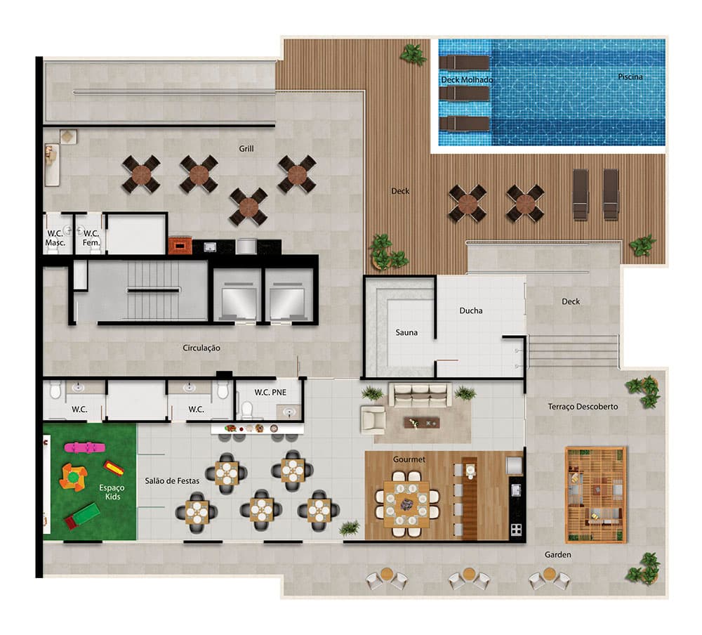 Implantação ilustrativa das áreas de lazer do Next Residence