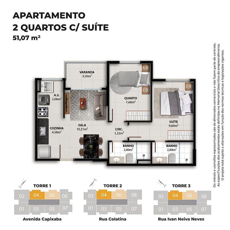 Segunda planta de apartamento de 2 quartos com suíte do Vivenda Coqueiral