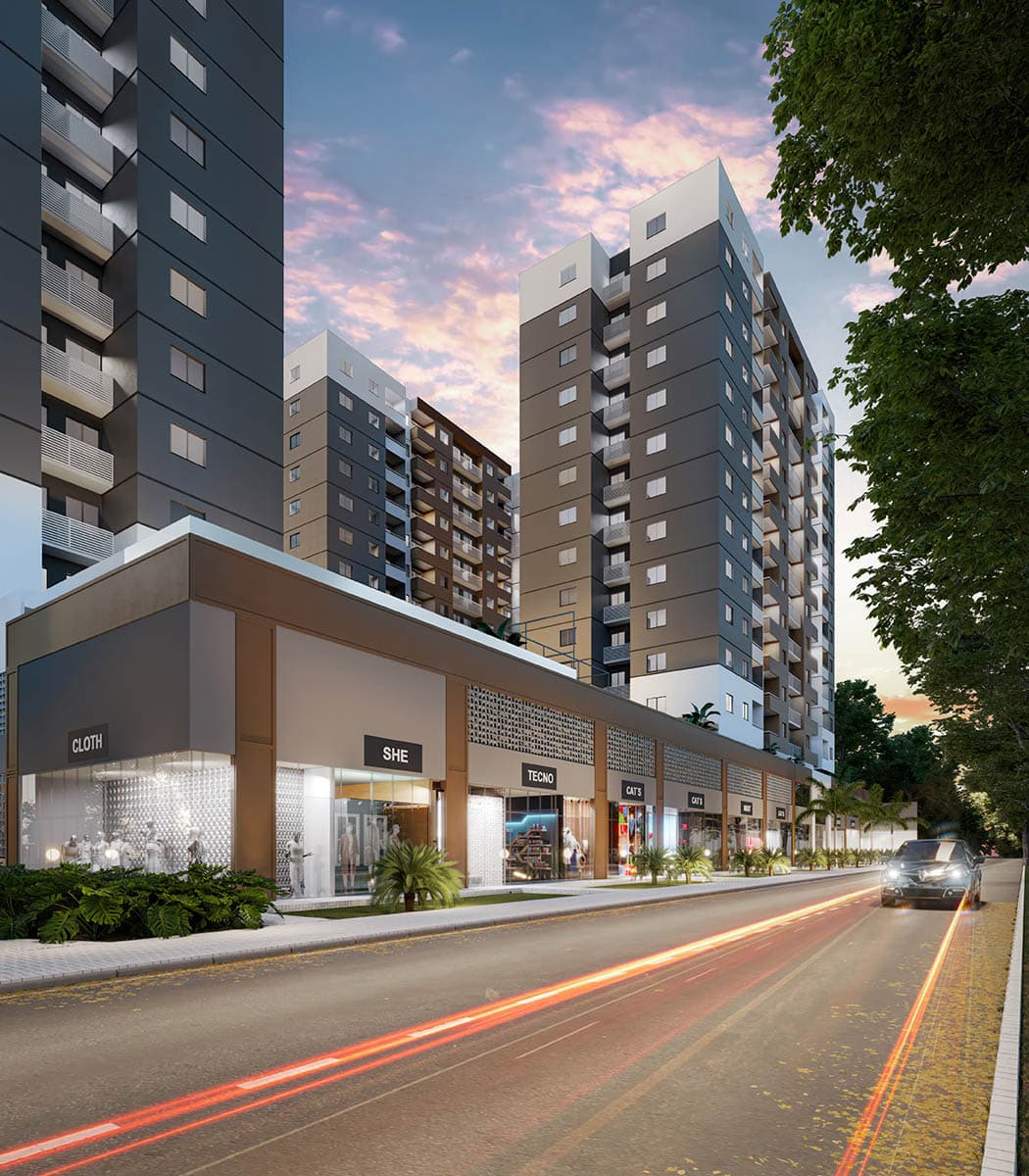 Perspectiva ilustrativa da área comercial prevista no térreo do Vivenda Coqueiral