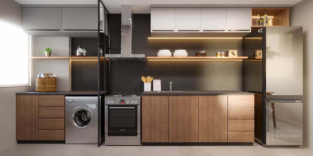 Cozinha e área de serviço de apartamento do Vivenda Coqueiral
