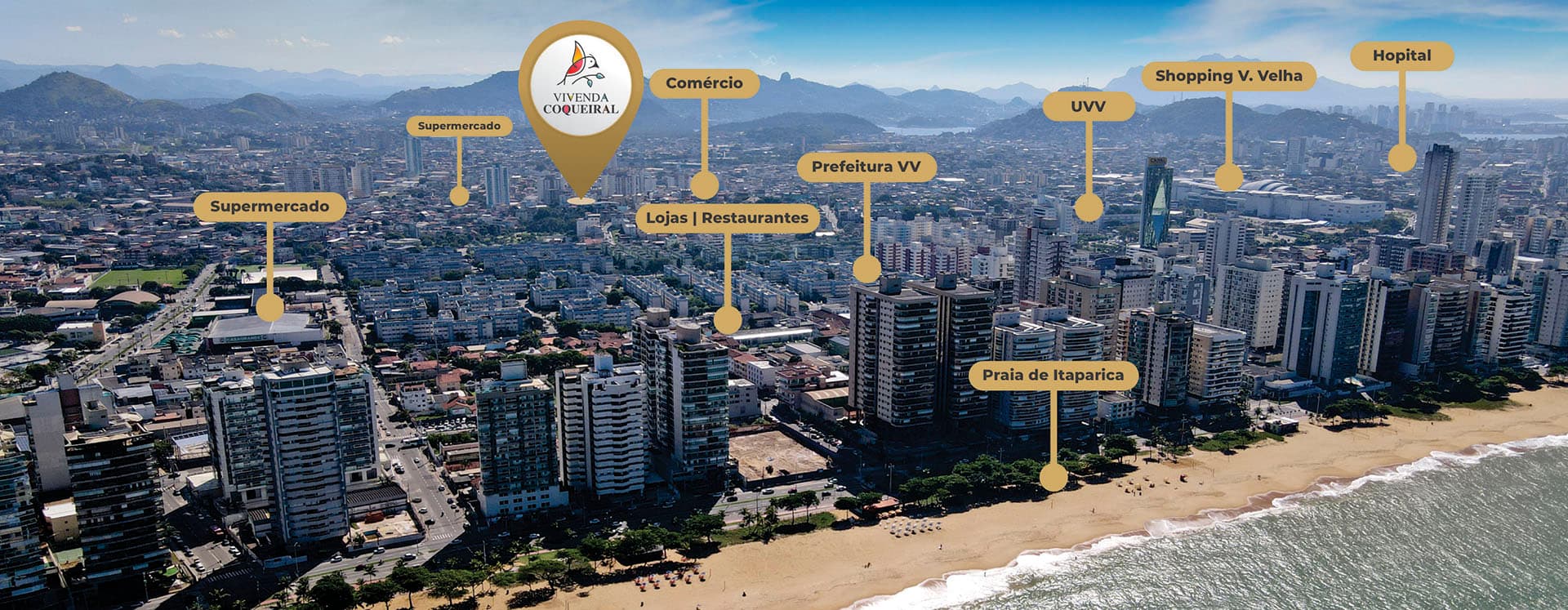 Mapa do entorno do Vivenda Coqueiral em Vila Velha, com supermercados, comércio, shopping, universidade, prefeitura, hospital e a Praia de Itaparica